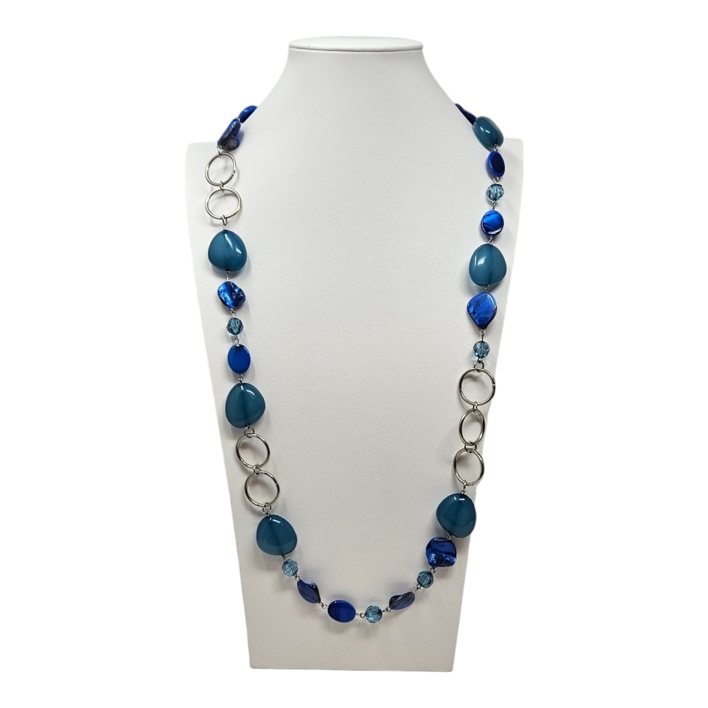 Beaded Necklace Circle Links Blue Silver Tone